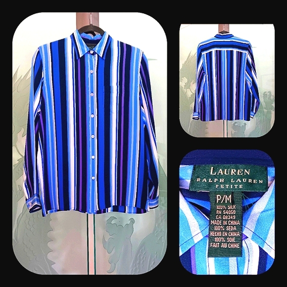 Ralph Lauren Vintage Navy, Blue, Purple White Stripe Button Down Blouse size P/M - Picture 2 of 4